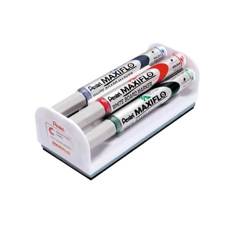 Set cancellino + 4 marcatori Pentel Maxiflo punta conica 4 mm - colori assortiti - MWL5S-4N