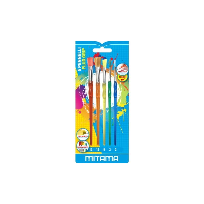 Pennelli piatti e tondi Mitama Fluo grip colori e misure assortiti - conf. 5 pezzi - 62862