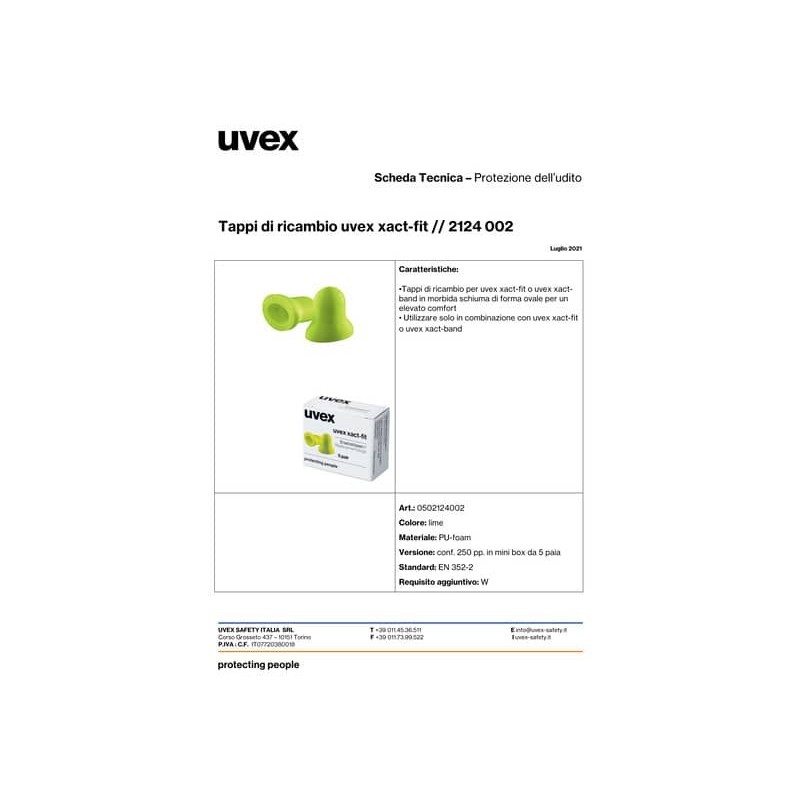 Capsule di ricambio per tappi auricolari monouso xact-fit Uvex lime - Conf. 250 paia - 2124002