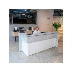 Reception lineare Welcome IN con 1 estensione arrotondata bianco/cemento LineKit 163x83xH.109 cm - B1190NBI