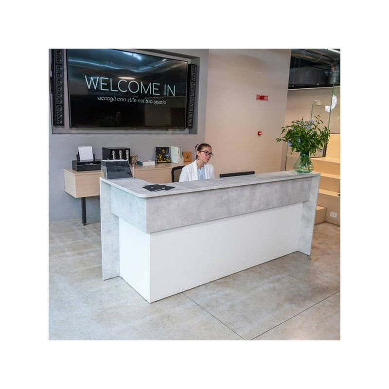 Reception lineare Welcome IN con 1 estensione arrotondata bianco/cemento LineKit 223x83xH.109 cm - B1110NBI