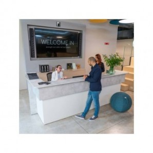 Reception lineare Welcome IN con 2 estensioni arrotondata bianco/cemento LineKit 322x83xH.109 cm - B1220NBI