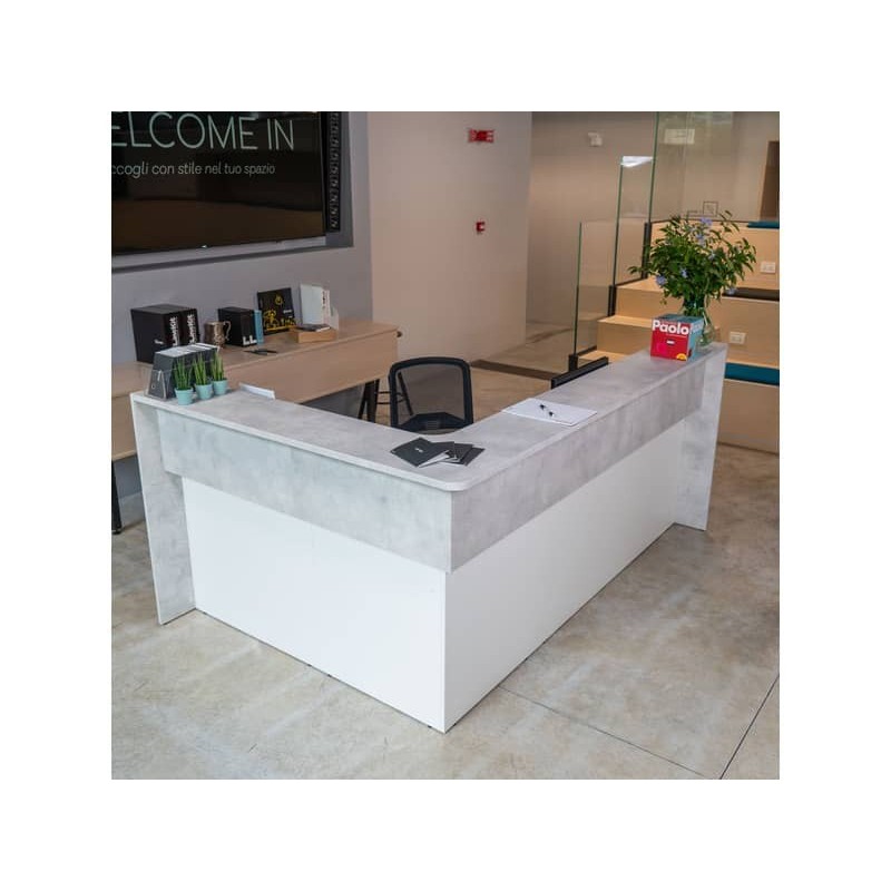 Reception angolare Welcome IN con scrivania da 120 cm bianco/cemento LineKit 163x203xH.109 cm - B1490NBI