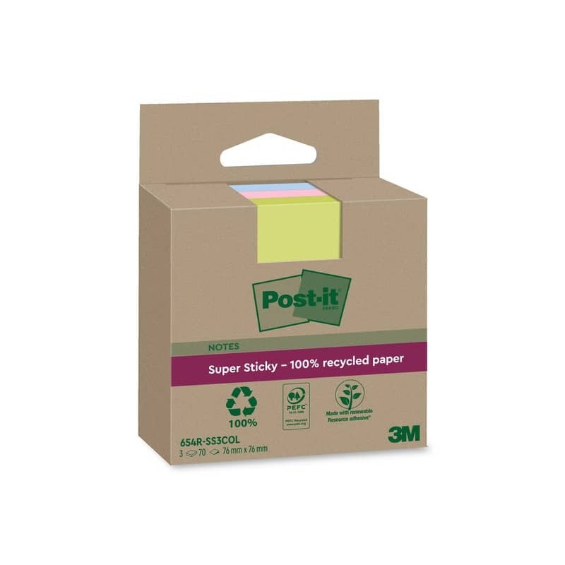 Foglietti riposizionabili Post-it®Super Sticky carta riciclata al 100% assortiti 76x76 mm - 3 blocchetti da 70 ff