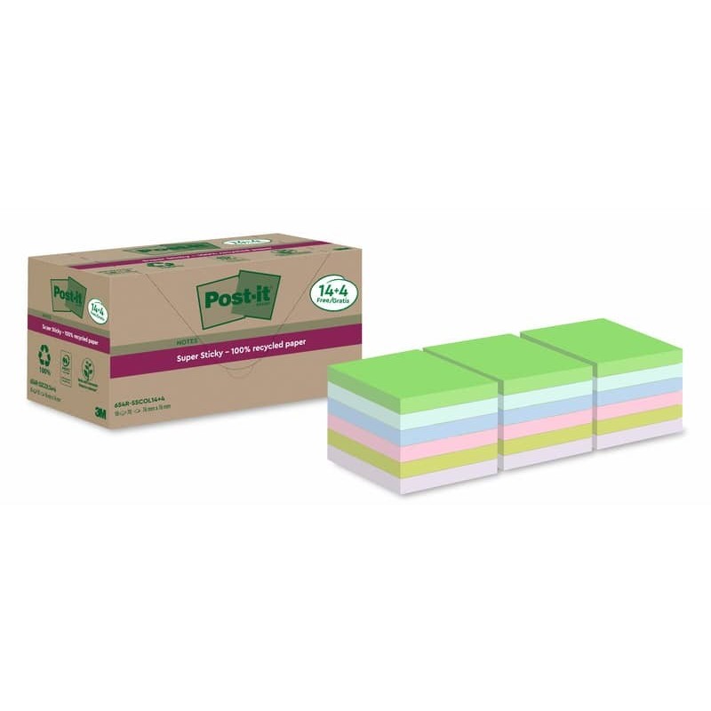 Foglietti riposizionabili Post-it®Super Sticky carta riciclata al 100% assortiti 76x76 mm - 18 blocchetti da 70 ff