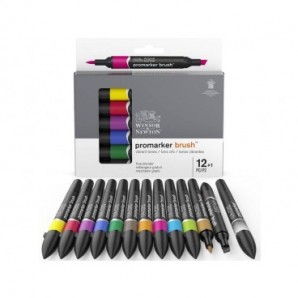 Set 12 pennarelli doppia punta brush colori vivaci assortiti + 1 blender Winsor&Newton - 0290145