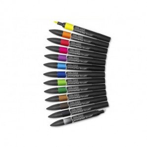 Set 12 pennarelli doppia punta brush colori vivaci assortiti + 1 blender Winsor&Newton - 0290145