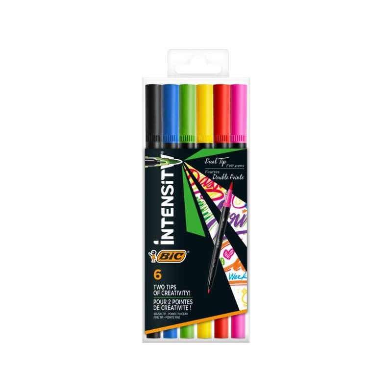 Pennarelli BIC Dual Tip Intensity con pennello assortiti rainbow - tratto 0,5 mm - conf. 6 pz - 989694