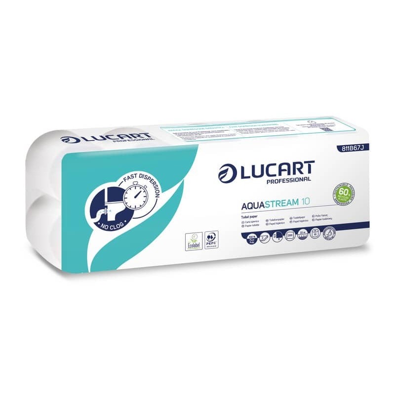 Carta igienica Aquastream in pura cellulosa 2 veli 200 strappi Lucart Professional conf. 10 rotoli - 811B67J