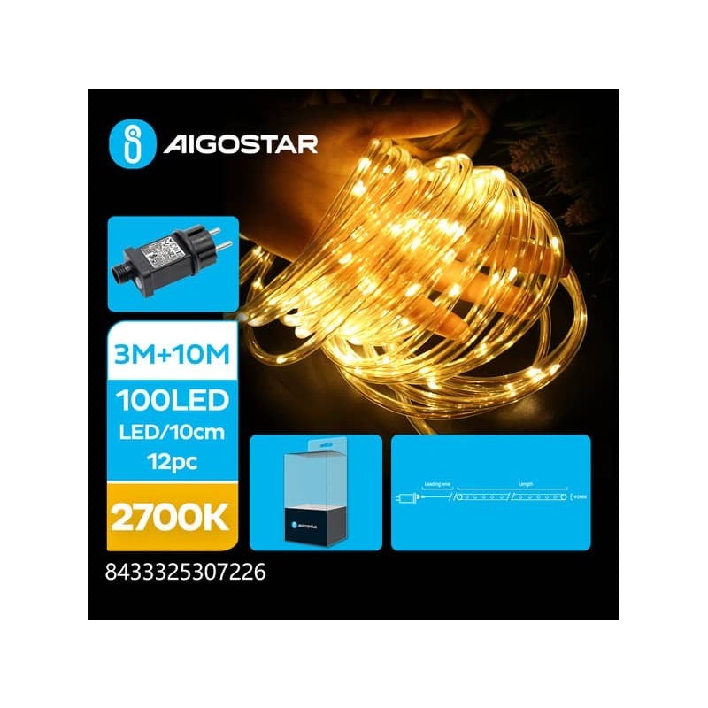 Catena luminosa tubolare a basso voltaggio Aigostar luce calda 2700K 10 m 100 led - 307226