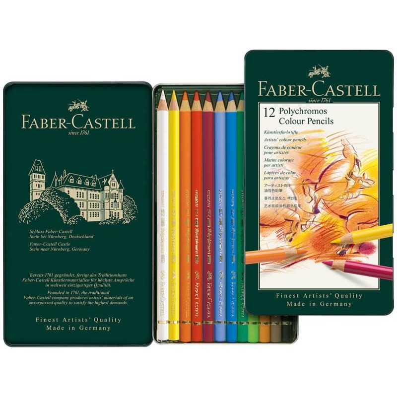 Matite colorate permanenti Faber Castell Polychromos mina 3,8 mm box metallo - colori assortiti conf. 12 pezzi - 110012