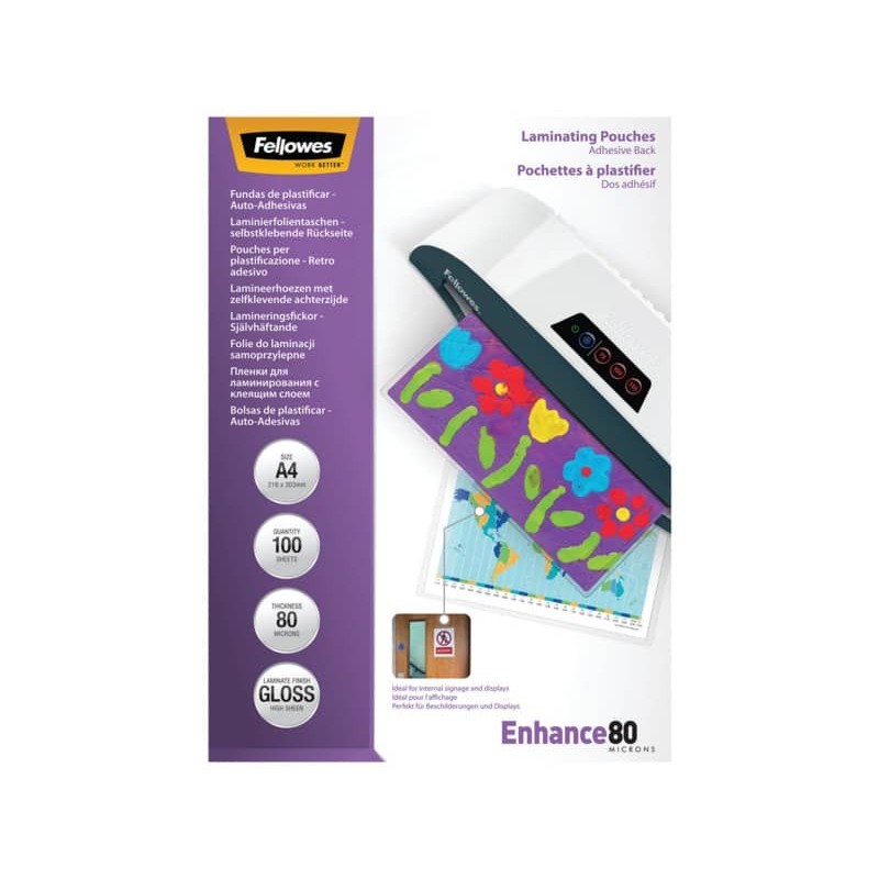 Pouches con retro adesivo per plastificatrici in conf. da 100 - Fellowes A4 - 5302202