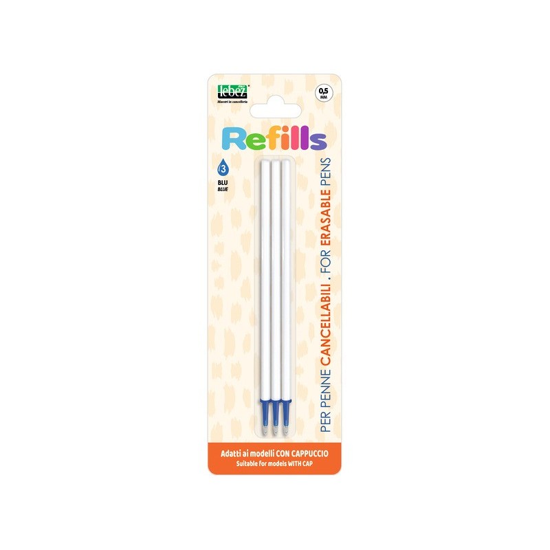 Conf. 12 blister da 3 refill inchiostro cancellabile Lebez blu per penne con cappuccio 0,5 mm - 81807