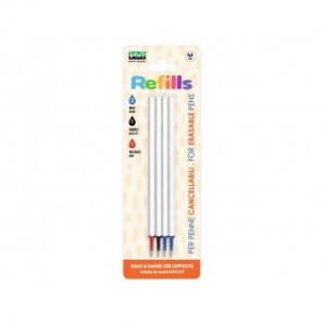 Conf. 12 blister da 4 refill inchiostro cancellabile Lebez blu, nero, rosso per penne 0,5 mm con cappuccio - 81808