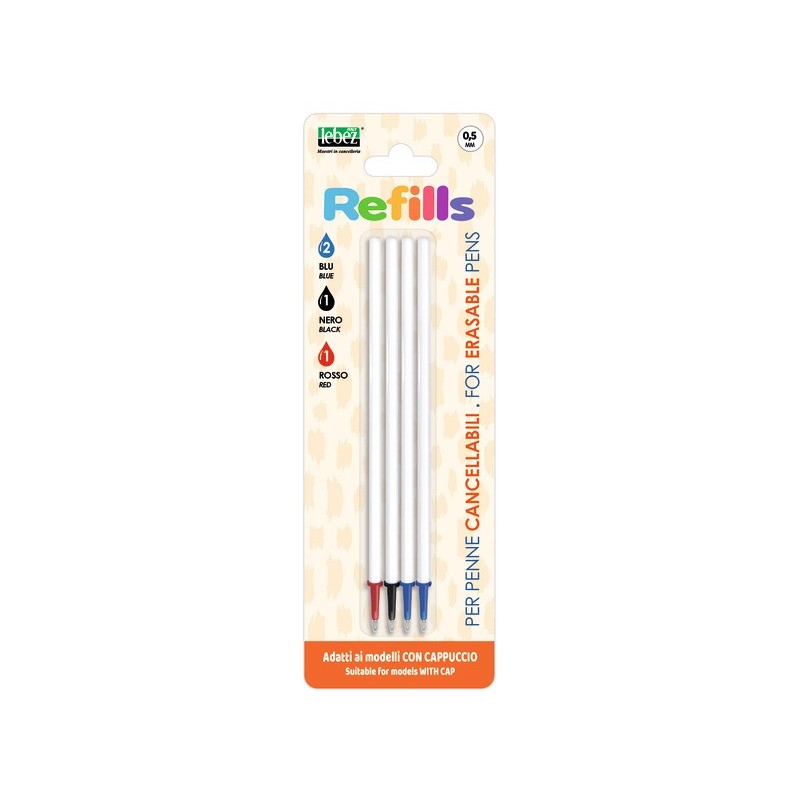 Conf. 12 blister da 4 refill inchiostro cancellabile Lebez blu, nero, rosso per penne 0,5 mm con cappuccio - 81808