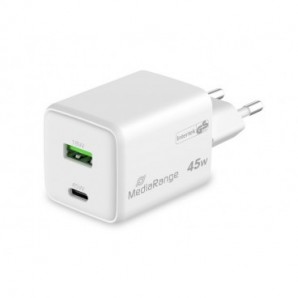 Caricabatterie rapido GaN 43W con uscita USB-A e USB-C Media Range bianco MRMA113-2