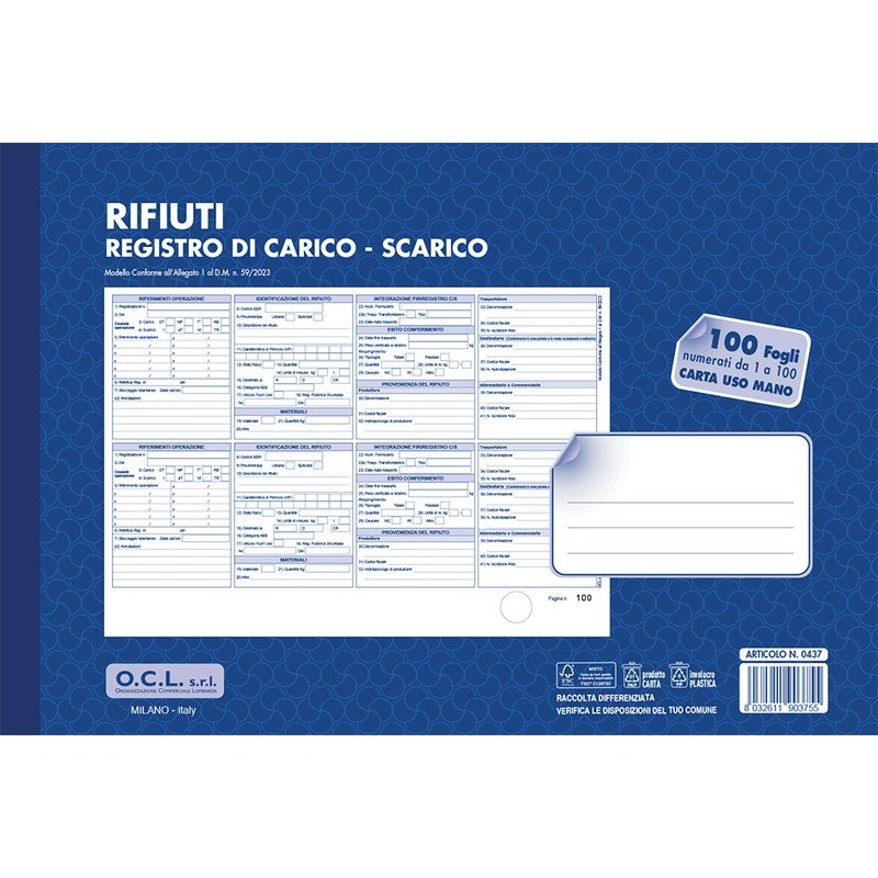 Registro carico-scarico rifiuti O.C.L. - conf. 10 blocchi - carta usomano 1-100 fogli 31x21 cm - 0437