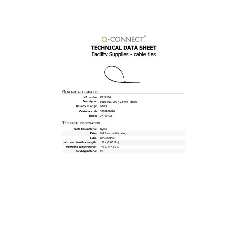 Fascette in nylon nero Q-Connect 200x2,5 mm - conf. 100 pz - KF17186