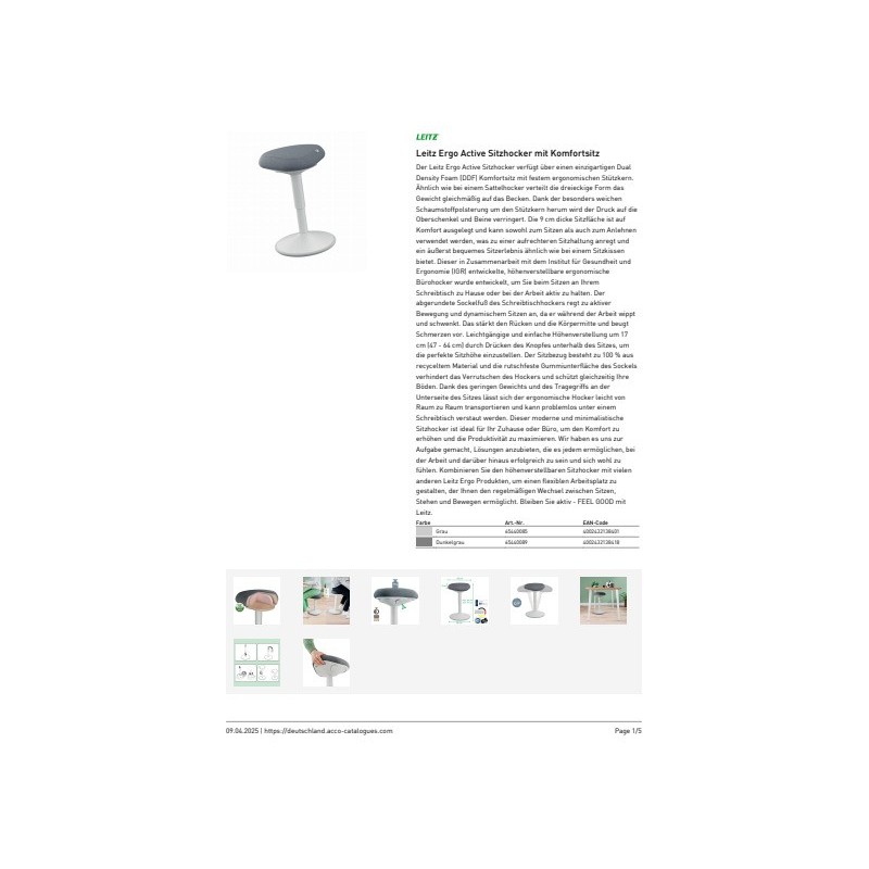 Sgabello Active Comfort da seduta ergonomico Leitz Ergo grigio chiaro - 370x460x377 mm - 65440085