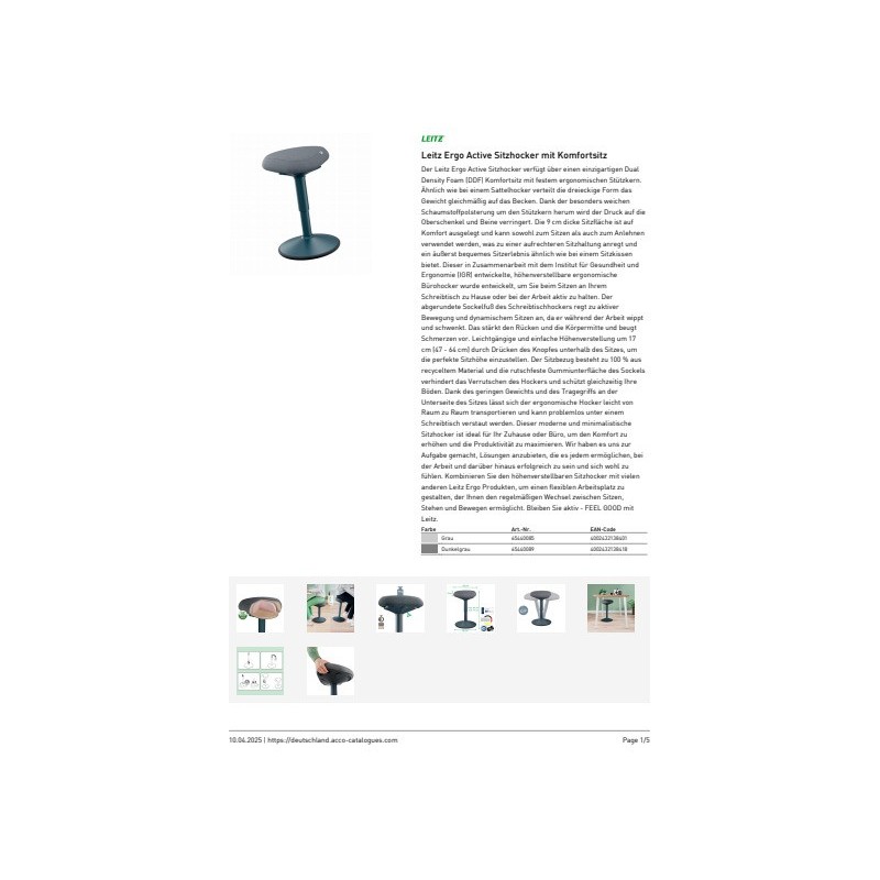 Sgabello Active Comfort da seduta ergonomico Leitz Ergo grigio scuro - 370x460x377 mm - 65440089
