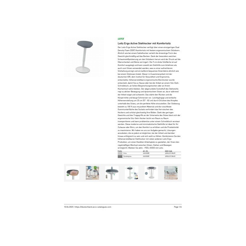 Sgabello Active Comfort in piedi ergonomico Leitz Ergo grigio chiaro - 370x610x377 mm - 65450085