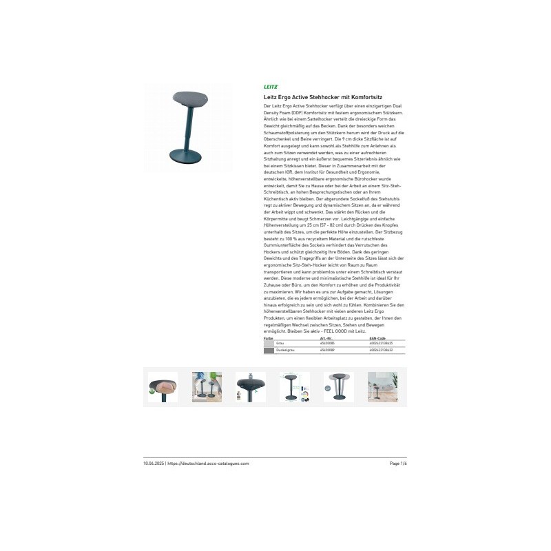 Sgabello Active Comfort in piedi ergonomico Leitz Ergo grigio scuro - 370x610x377 mm - 65450089