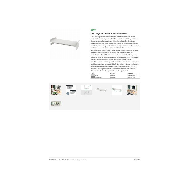 Supporto per monitor regolabile a 2 altezze Leitz Ergo grigio chiaro - 209x112x438 mm - 65040085