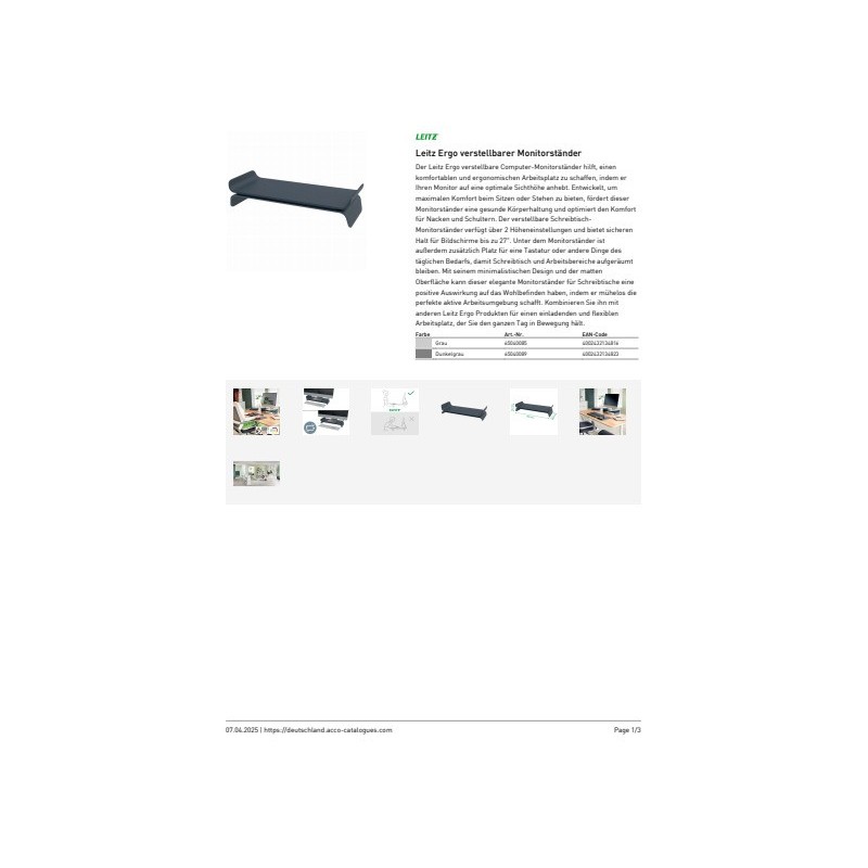 Supporto per monitor regolabile a 2 altezze Leitz Ergo grigio scuro - 209x112x438 mm - 65040089