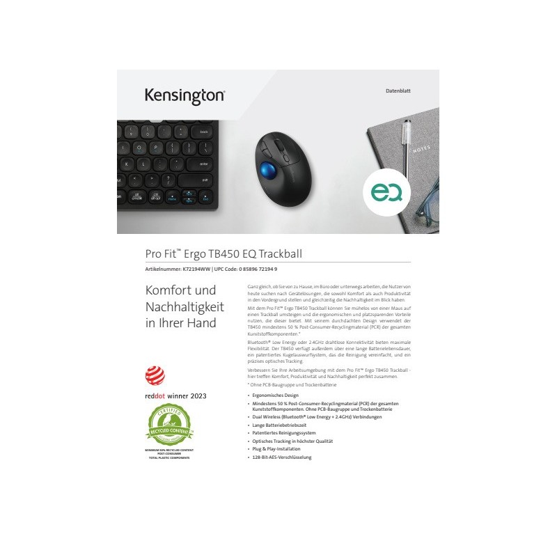 Trackball Kensington Pro Fit® Ergo TB450 non ricaricabile K72194WW