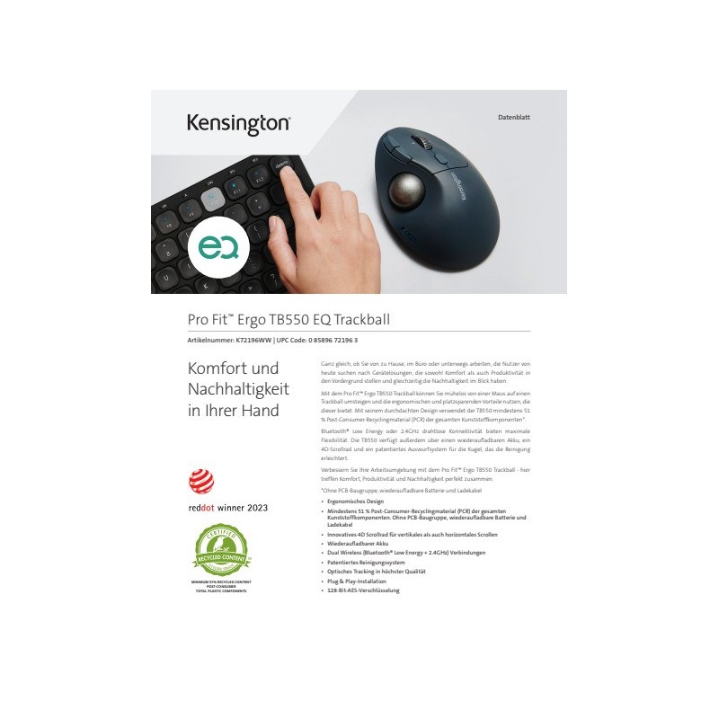 Trackball Kensington Pro Fit® Ergo TB550 ricaricabile K72196WW