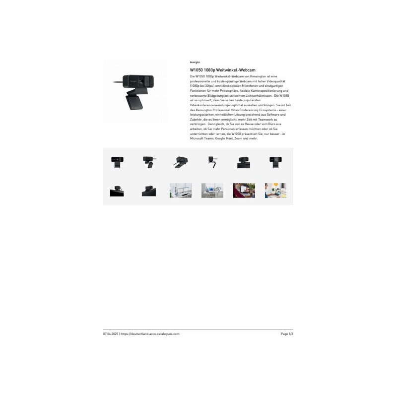 Webcam grandangolare con fuoco fisso Kensington W1050 1080p nero K80251WW