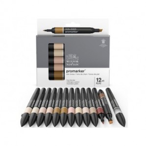 Pennarelli Winsor&Newton Promarker doppia punta fine-larga - conf. 12 pz toni carne + blender - 0290172