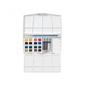 Set acquerelli Winsor&Newton Cotman Painting Plus 16 mezzi godet + 3 tubetti tempere da 8 ml colori assortiti 0390375