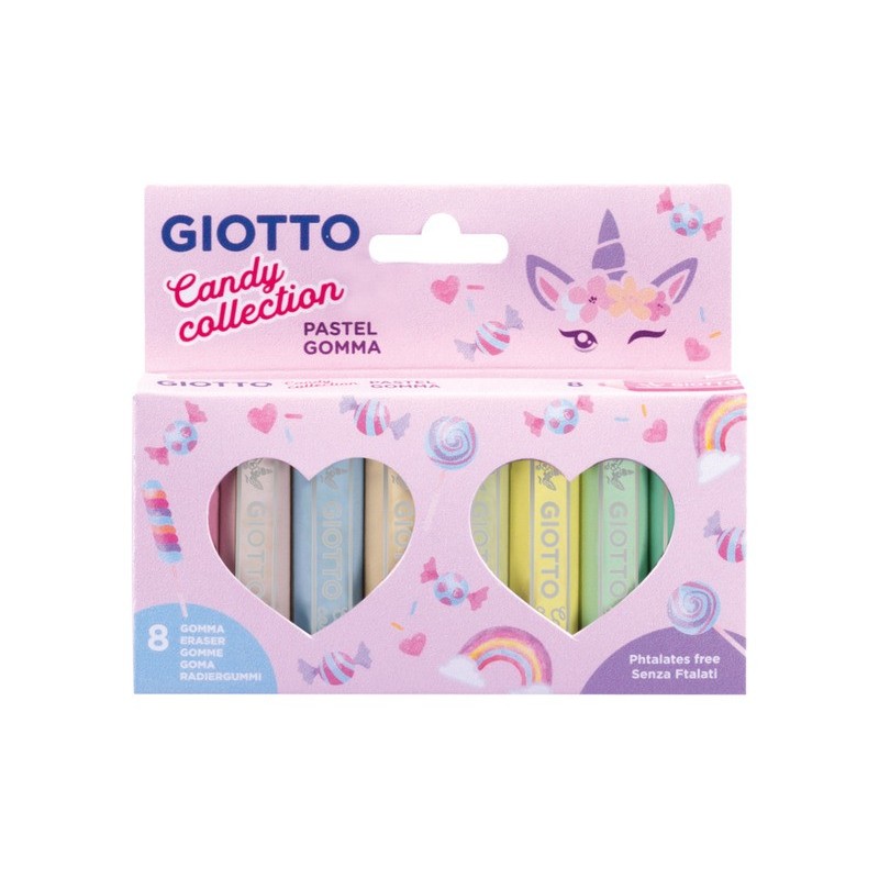 Gomme Giotto Pastel Candy Collection conf. 8 pezzi in astuccio appendibile colori assortiti - F232300