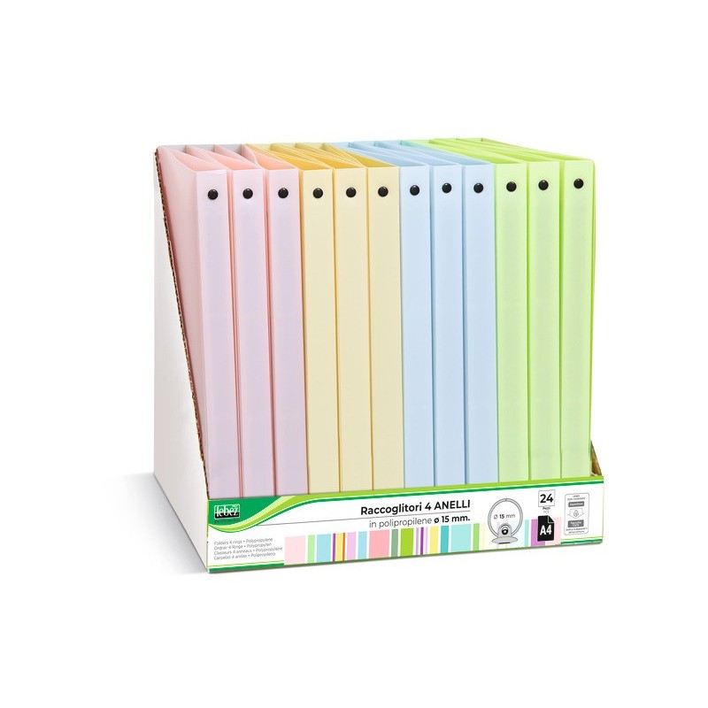 Espositore 12 raccoglitori 4 anelli Lebez in PP - A4 Ø 30 mm - colori pastello assortiti - 80982