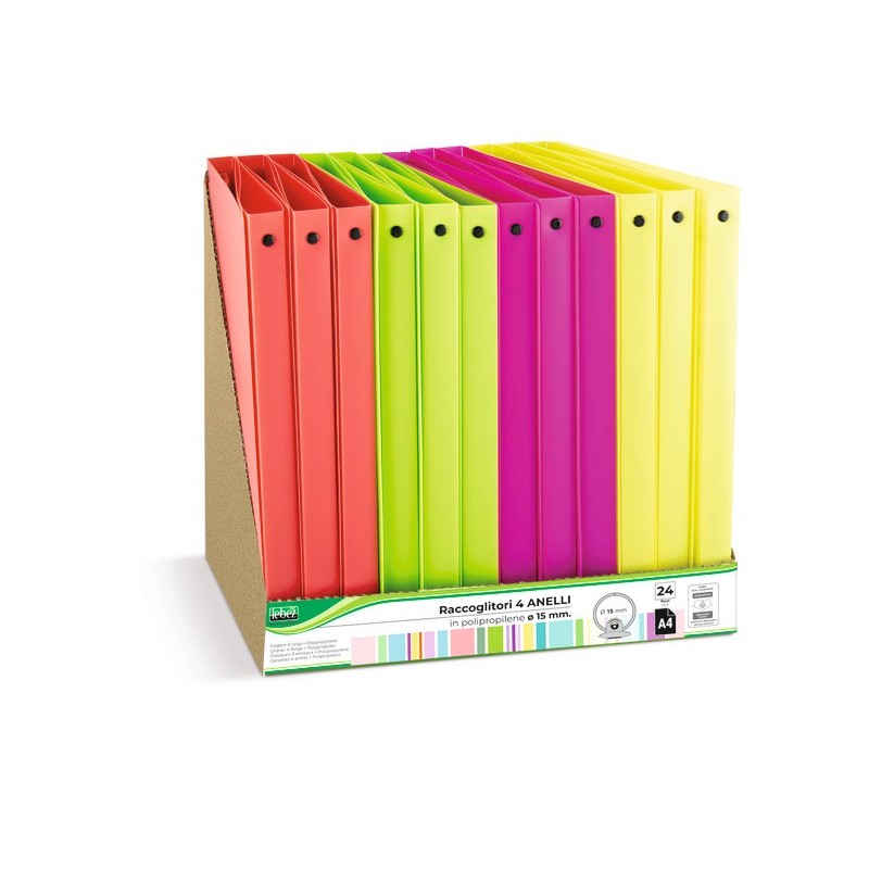 Espositore 12 raccoglitori 4 anelli Lebez in PP - A4 Ø 30 mm - colori neon assortiti - 80980
