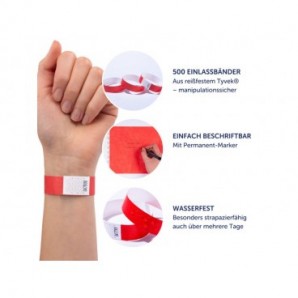 Braccialetti identificativi in Tyvek® Avery resistenti all'acqua - conf. 500 pz - rosso fluo - TYVRD-50