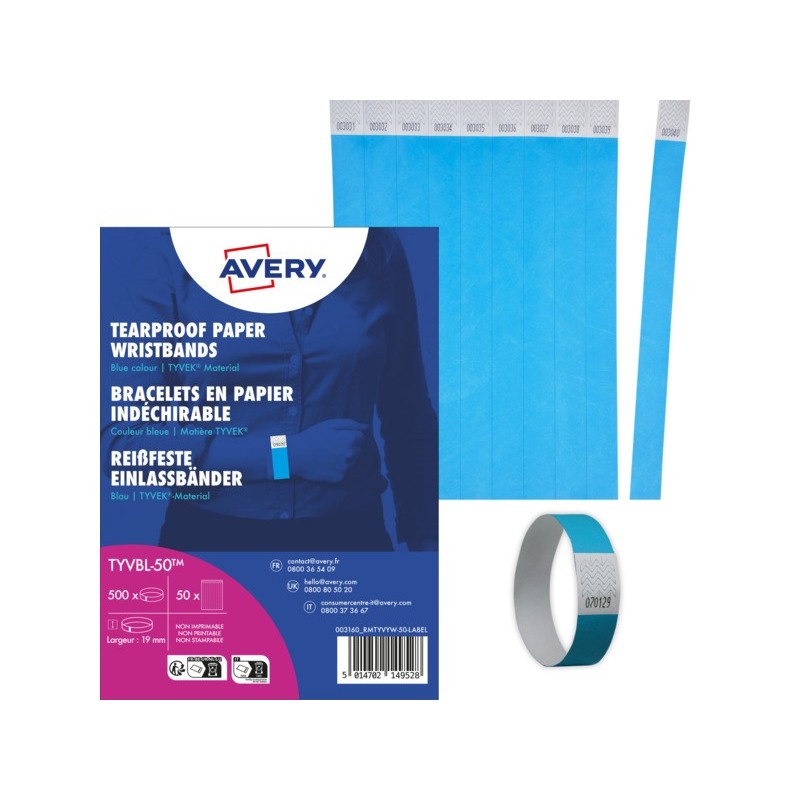 Braccialetti identificativi in Tyvek® Avery resistenti all'acqua - conf. 500 pz - blu fluo - TYVBL-50