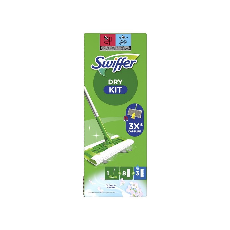 Starter Kit catturapolvere Swiffer Dry verde - scopa + 8 panni DRY + 3 panni WET - conf. 12 pz - PG264
