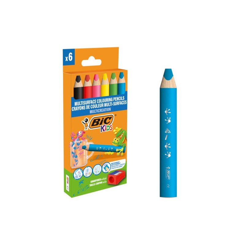 Matite colorate BIC Kids Multisurface con fusto triangolare in conf. 6 pezzi assortiti + temperamatite - 515220