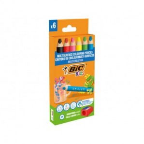 Matite colorate BIC Kids Multisurface con fusto triangolare in conf. 6 pezzi assortiti + temperamatite - 515220