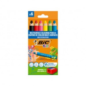 Matite colorate BIC Kids Multisurface con fusto triangolare in conf. 6 pezzi assortiti + temperamatite - 515220