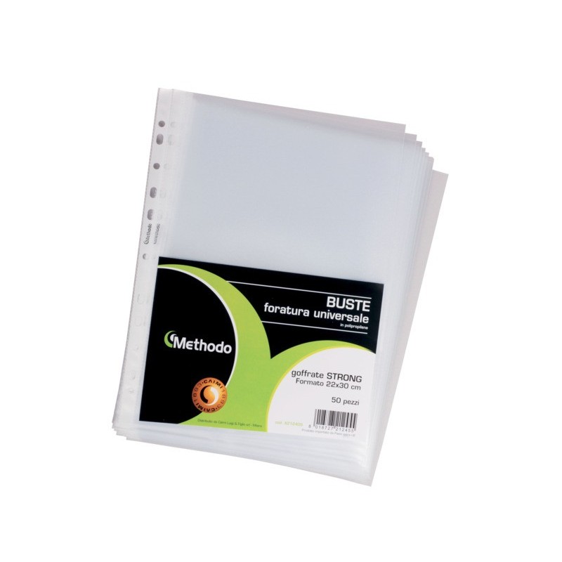 Buste a perforazione universale Methodo Strong 22x30 cm - alto spessore - conf. 50 pz - finitura liscia - X212395