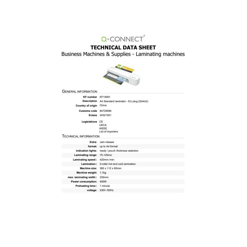 Plastificatrice A4 Q-Connect a 2 rulli - 75-125 µm - bianco - KF19091