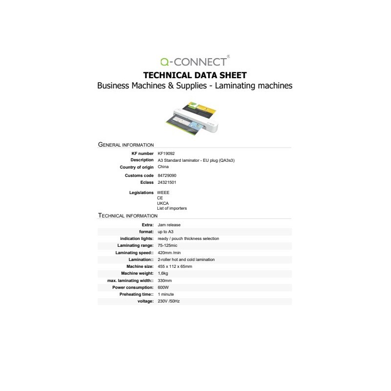 Plastificatrice A3 Q-Connect a 2 rulli - 75-125 µm - bianco - KF19092