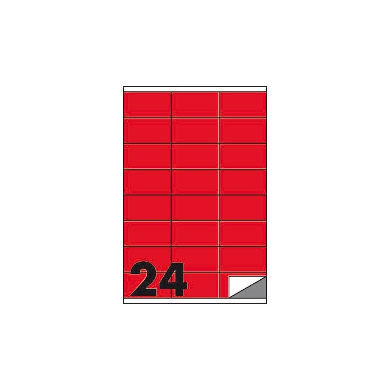 Etichette fluo permanenti Markin Copiatabu 70x36 mm in foglio A4 - 24 et./foglio rosso - conf. 100 fogli