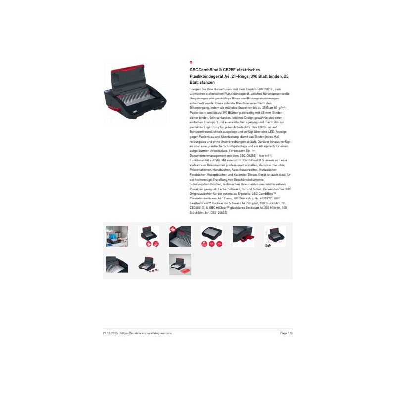 Rilegatrice elettrica a dorsi plastici GBC CombBind® CB25E A4 - rilega fino a 390 ff - nero - 4410064
