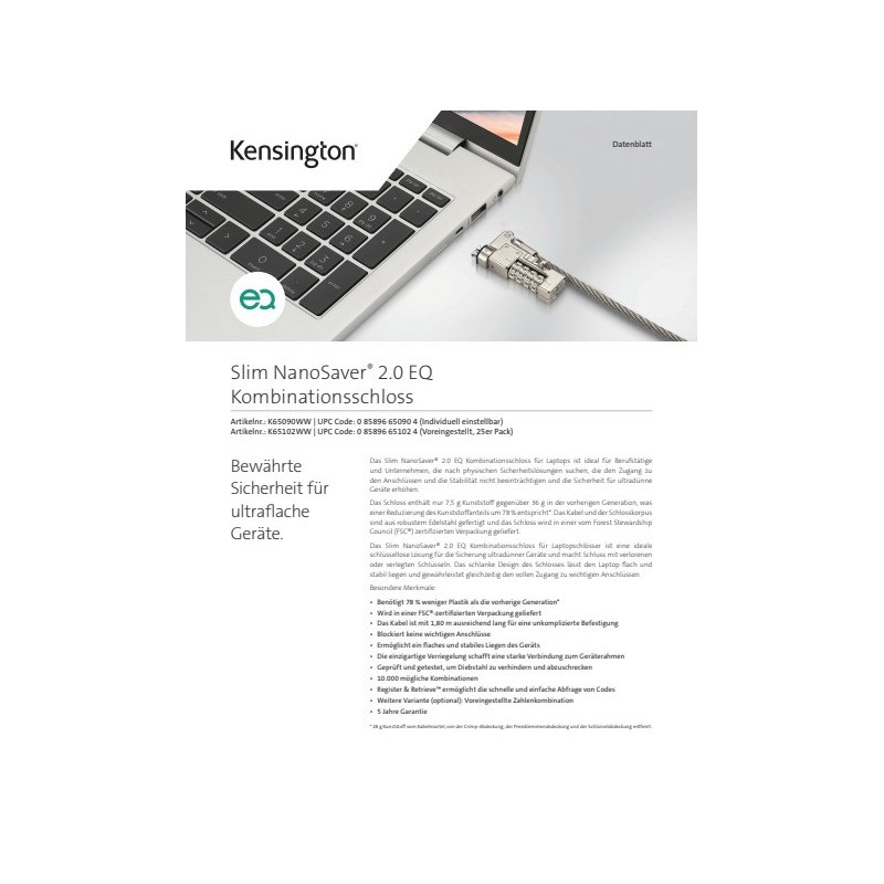Lucchetto sottile per laptop con combinazione Kensington NanoSaver® 2.0 EQ - ripristinabile - K65090WW