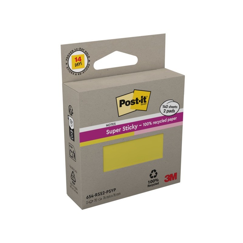 Foglietti riposizionabili Post-it® Super Sticky in carta riciclata 76x76 mm - giallo e rosa - conf. 2 blocch/70 ff