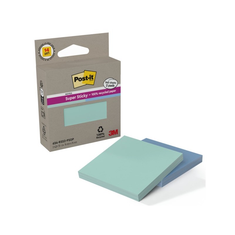 Foglietti riposizionabili Post-it® Super Sticky in carta riciclata 76x76 mm - menta e blu - conf. 2 blocch/70 ff